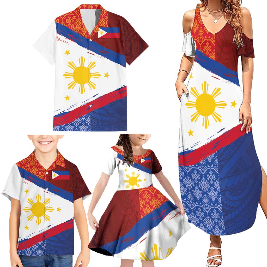 Philippines National Flag Day Family Matching Summer Maxi Dress and Hawaiian Shirt Polynesian and Yakan Tattoo Brush Style LT03 - Polynesian Pride