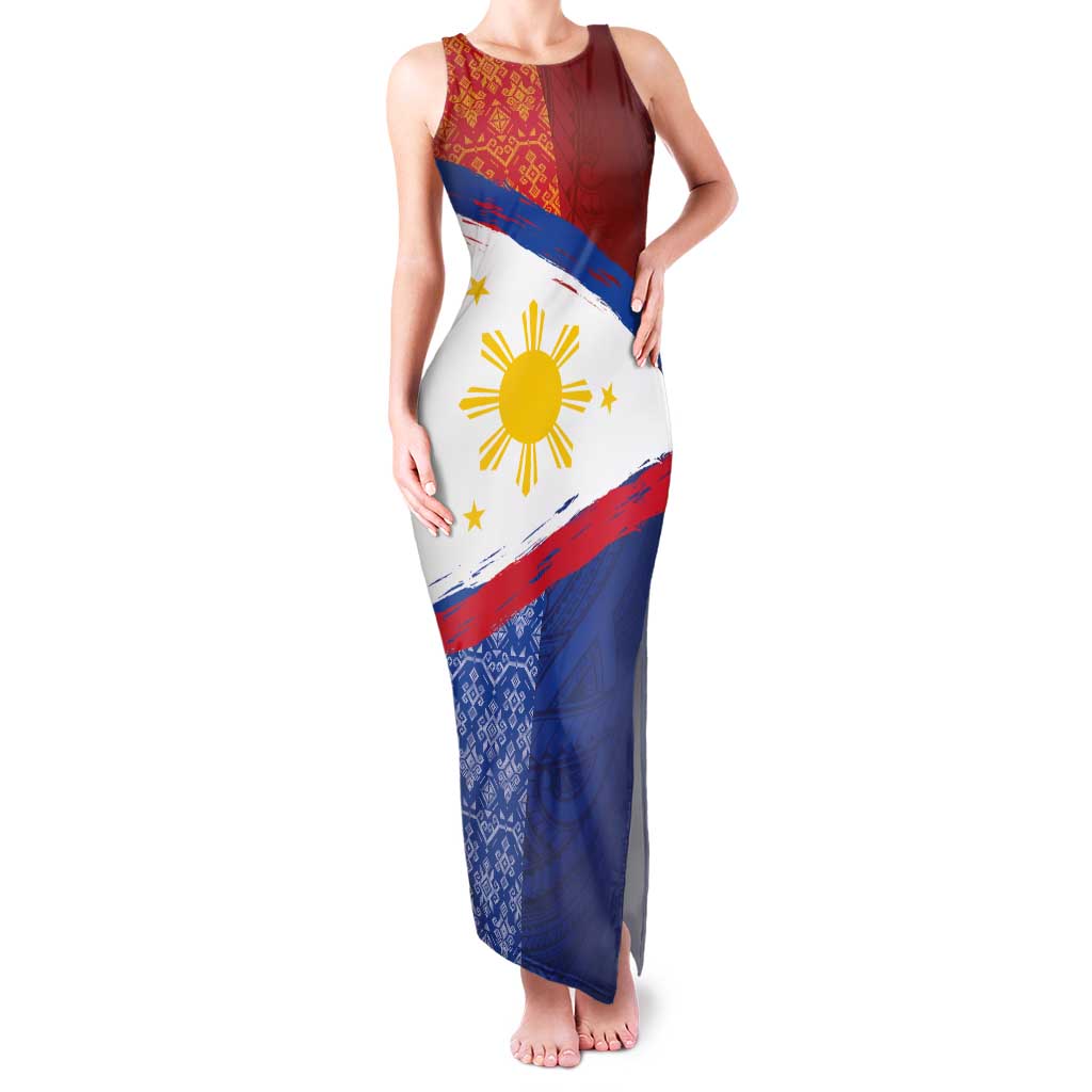 Philippines National Flag Day Family Matching Tank Maxi Dress and Hawaiian Shirt Polynesian and Yakan Tattoo Brush Style LT03 Mom's Dress Red - Polynesian Pride