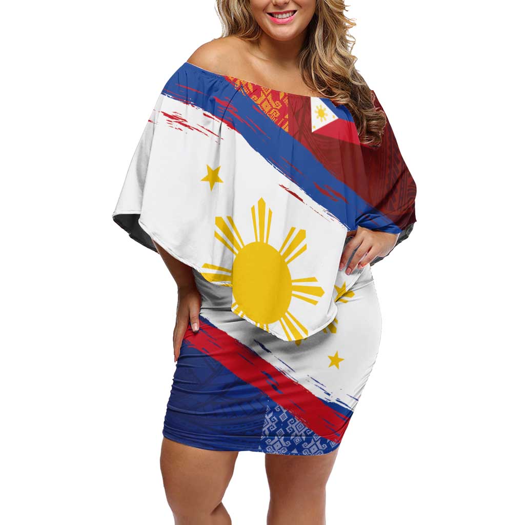 Philippines National Flag Day Off Shoulder Short Dress Polynesian and Yakan Tattoo Brush Style