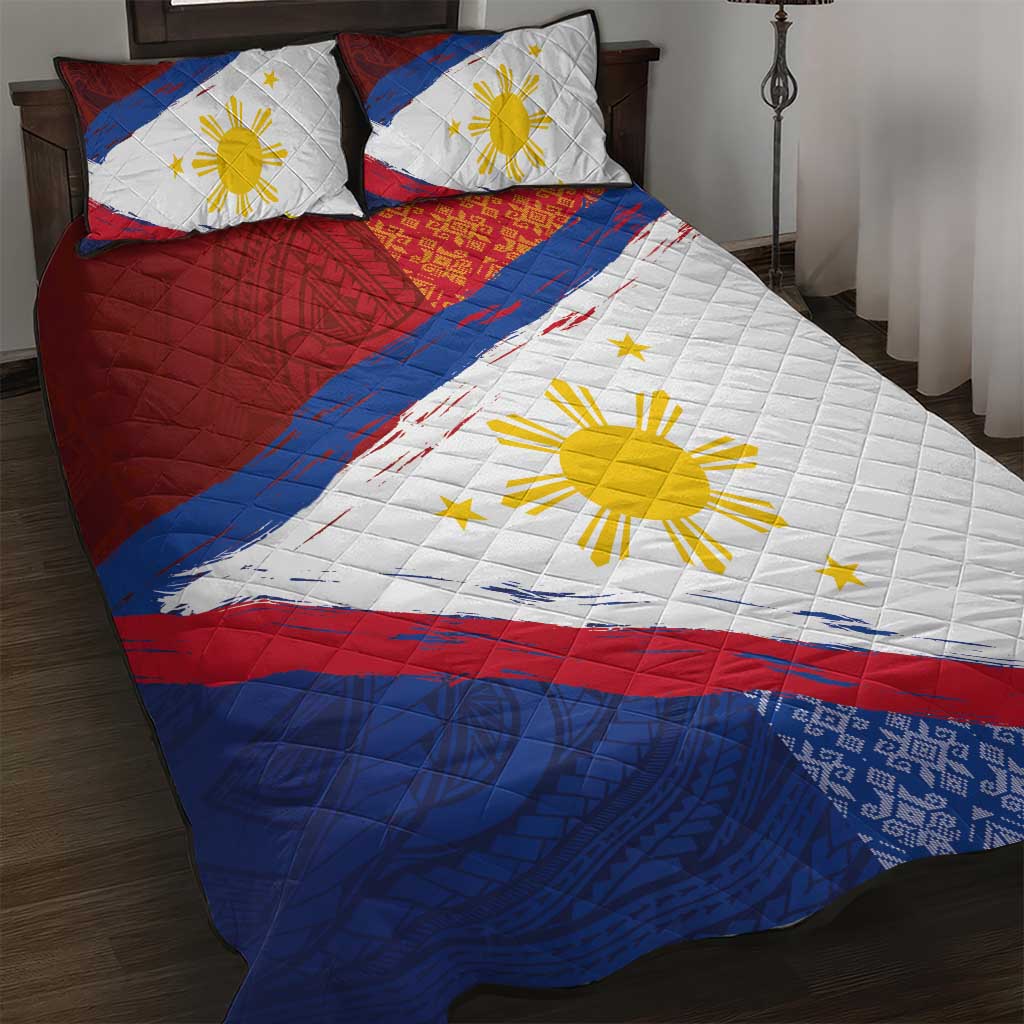 Philippines National Flag Day Quilt Bed Set Polynesian and Yakan Tattoo Brush Style LT03 Red - Polynesian Pride