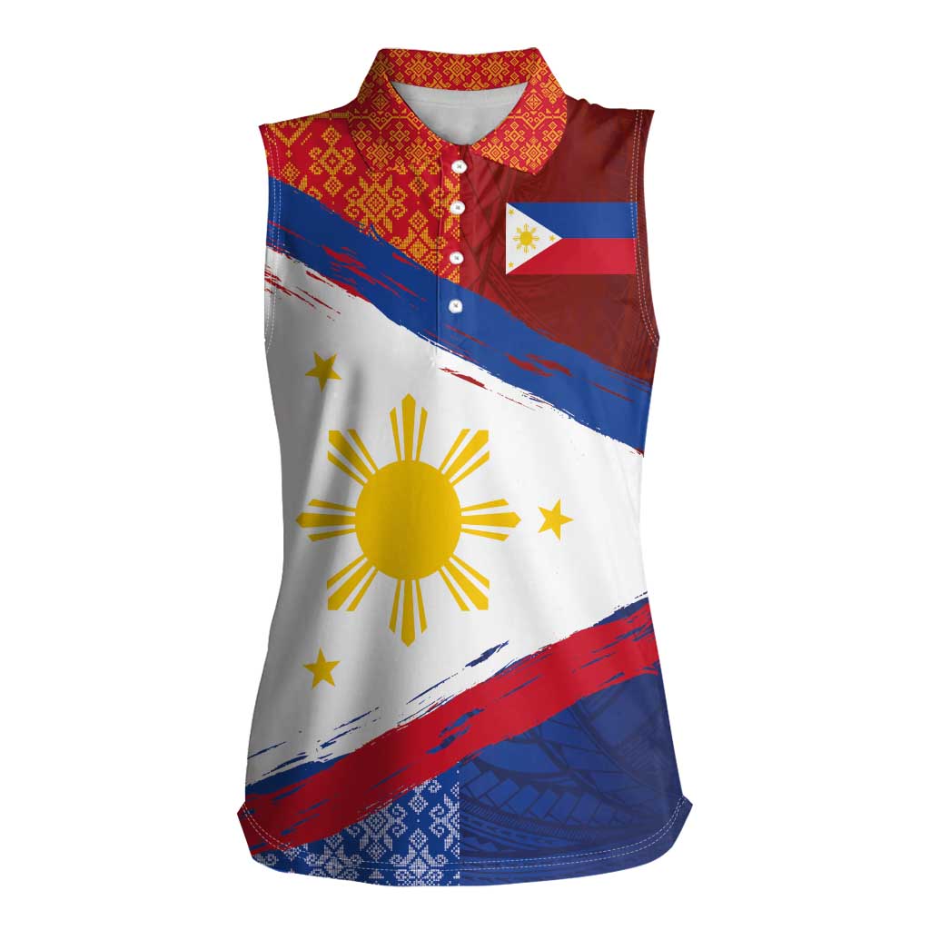 Philippines National Flag Day Women Sleeveless Polo Shirt Polynesian and Yakan Tattoo Brush Style