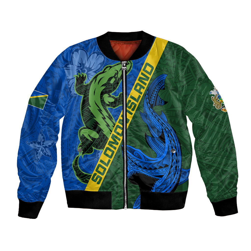 Solomon Island Crocodile and Shark Bomber Jacket Polynesian Pattern LT03 Unisex Blue - Polynesian Pride