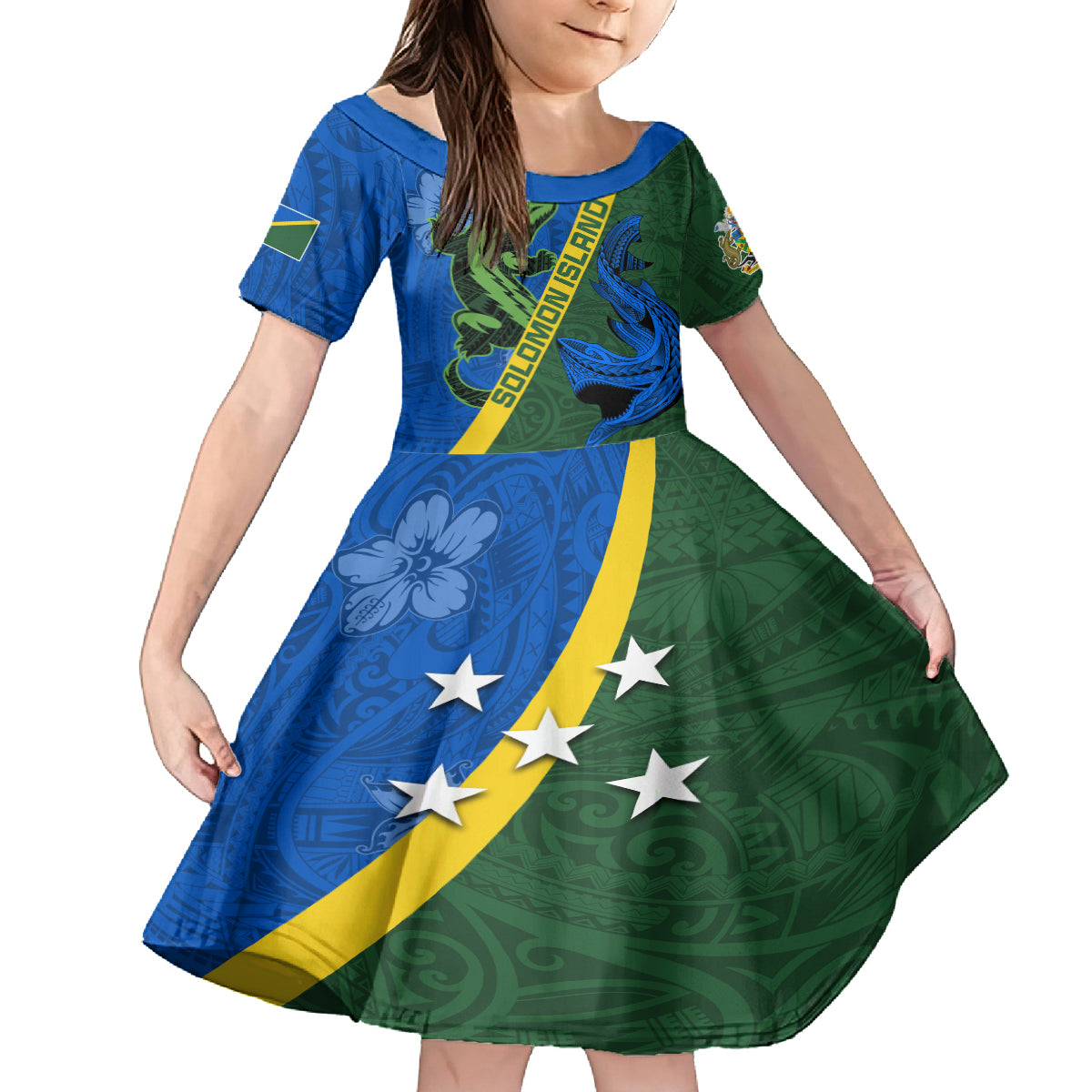 Solomon Island Crocodile and Shark Family Matching Off The Shoulder Long Sleeve Dress and Hawaiian Shirt Polynesian Pattern