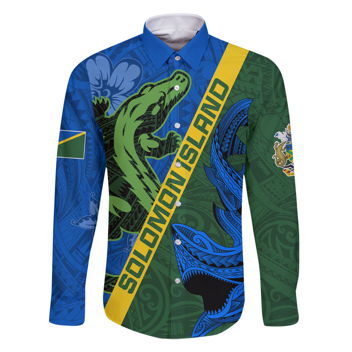 Solomon Island Crocodile and Shark Family Matching Off The Shoulder Long Sleeve Dress and Hawaiian Shirt Polynesian Pattern