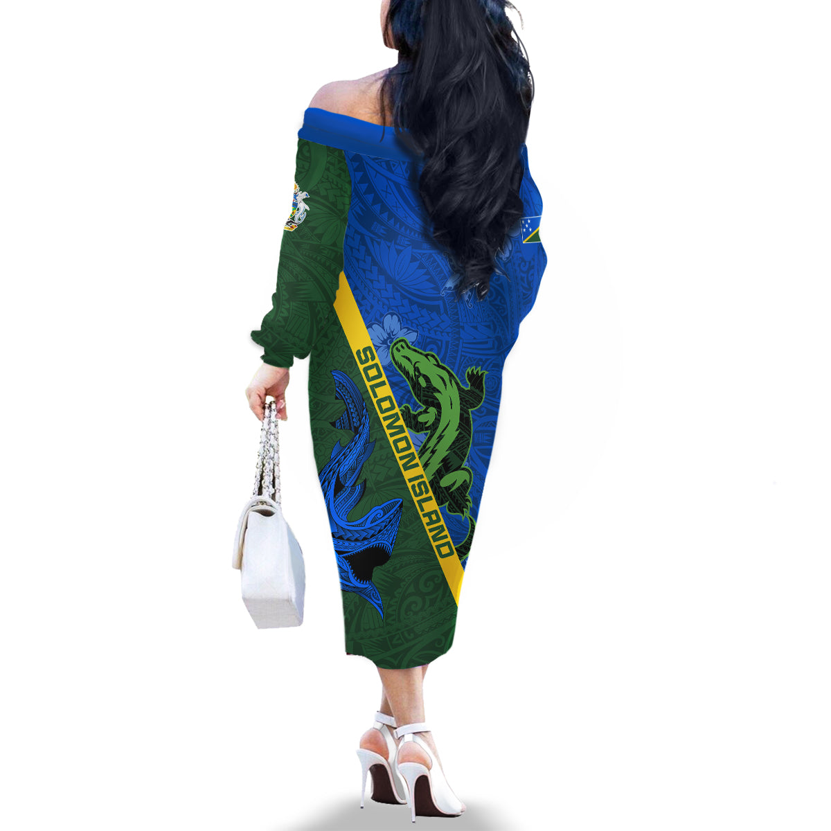 Solomon Island Crocodile and Shark Family Matching Off The Shoulder Long Sleeve Dress and Hawaiian Shirt Polynesian Pattern