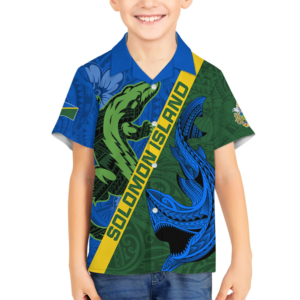Solomon Island Crocodile and Shark Family Matching Off The Shoulder Long Sleeve Dress and Hawaiian Shirt Polynesian Pattern