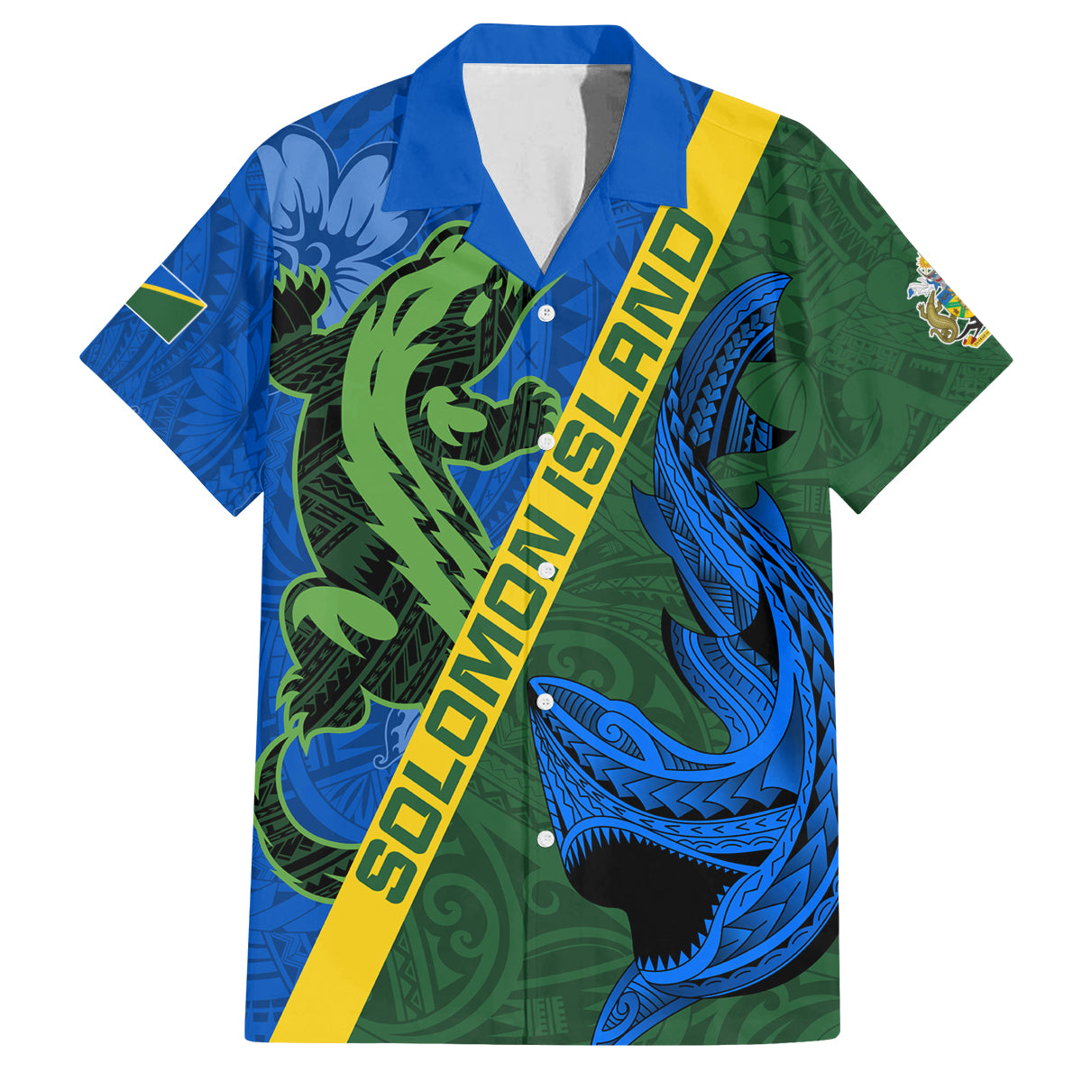 Solomon Island Crocodile and Shark Family Matching Off Shoulder Short Dress and Hawaiian Shirt Polynesian Pattern LT03 Dad's Shirt - Short Sleeve Blue - Polynesian Pride