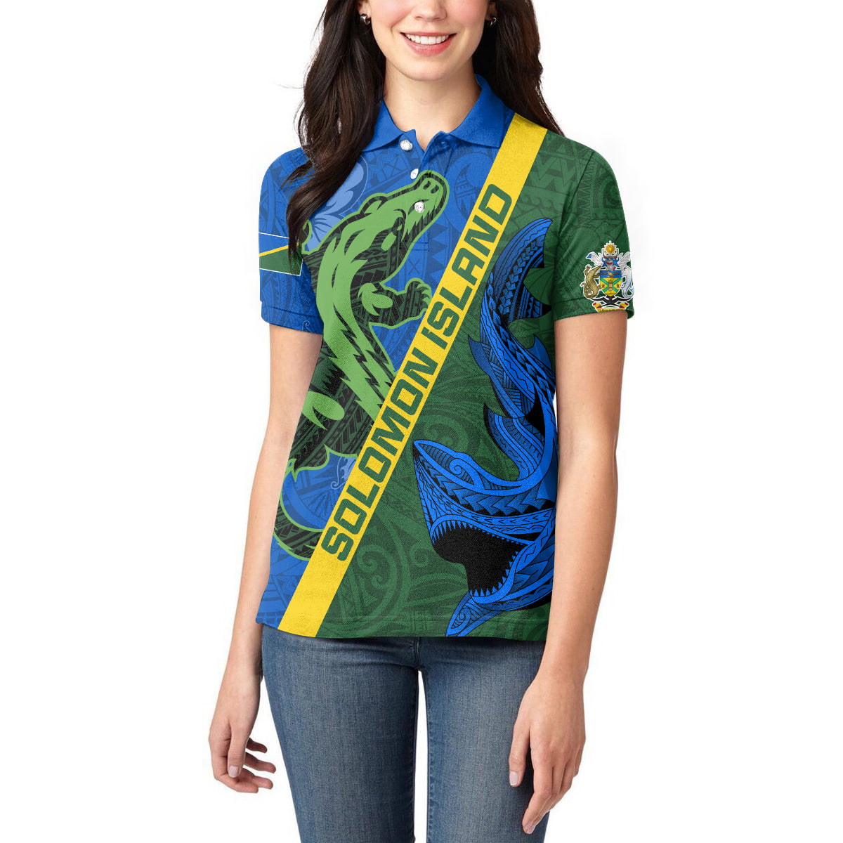 Solomon Island Crocodile and Shark Women Polo Shirt Polynesian Pattern