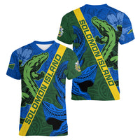 Solomon Island Crocodile and Shark Women V-Neck T-Shirt Polynesian Pattern