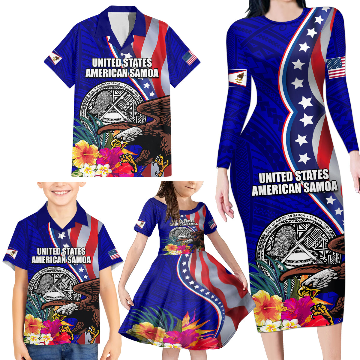 Personalised American Samoa and United States Family Matching Long Sleeve Bodycon Dress and Hawaiian Shirt Bald Eagle and Seal Hibiscus Polynesian Pattern LT03 - Polynesian Pride