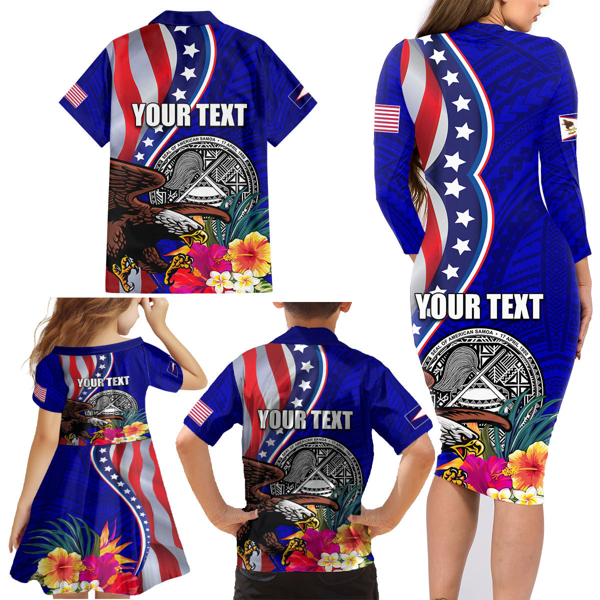Personalised American Samoa and United States Family Matching Long Sleeve Bodycon Dress and Hawaiian Shirt Bald Eagle and Seal Hibiscus Polynesian Pattern LT03 - Polynesian Pride
