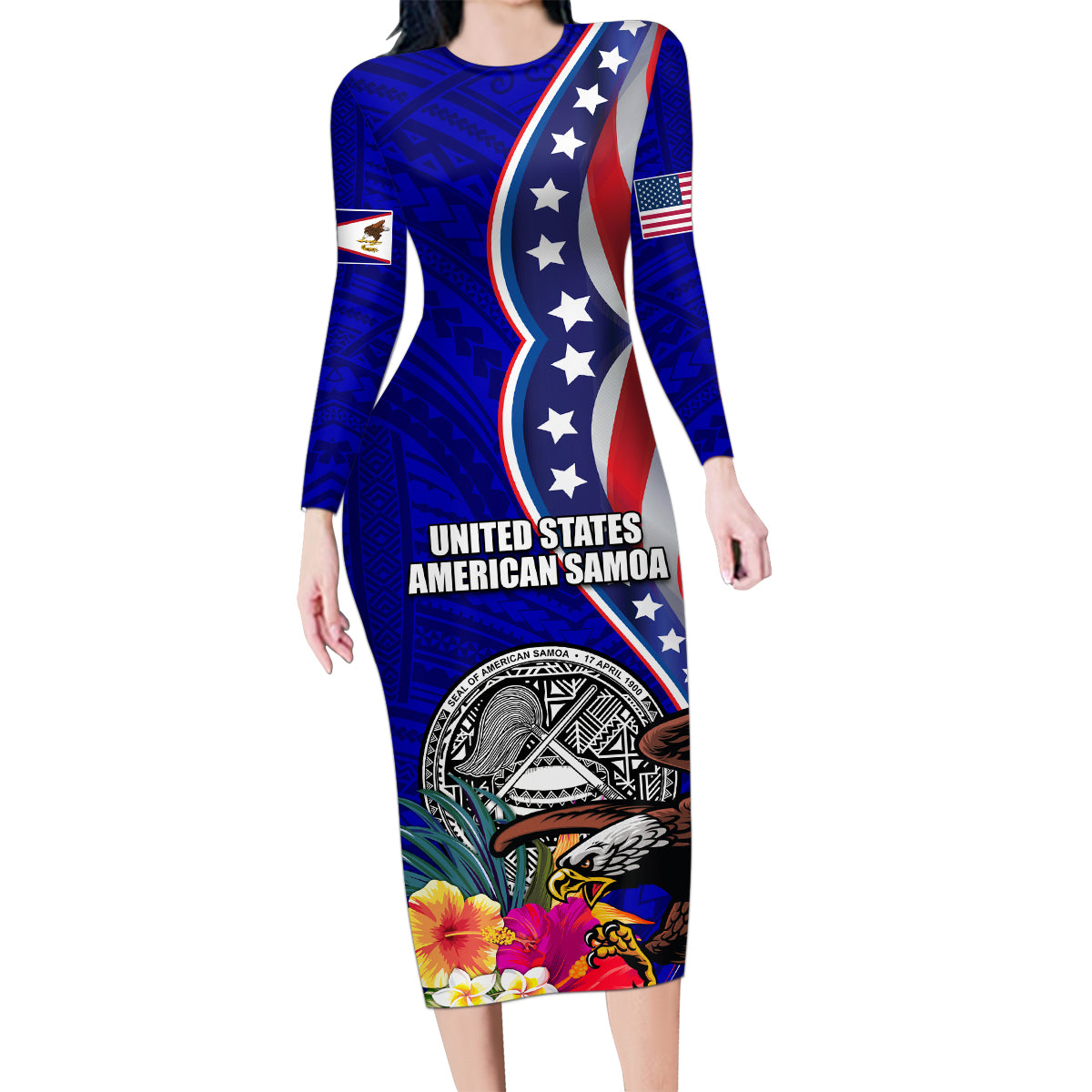 Personalised American Samoa and United States Family Matching Long Sleeve Bodycon Dress and Hawaiian Shirt Bald Eagle and Seal Hibiscus Polynesian Pattern LT03 Mom's Dress Blue - Polynesian Pride