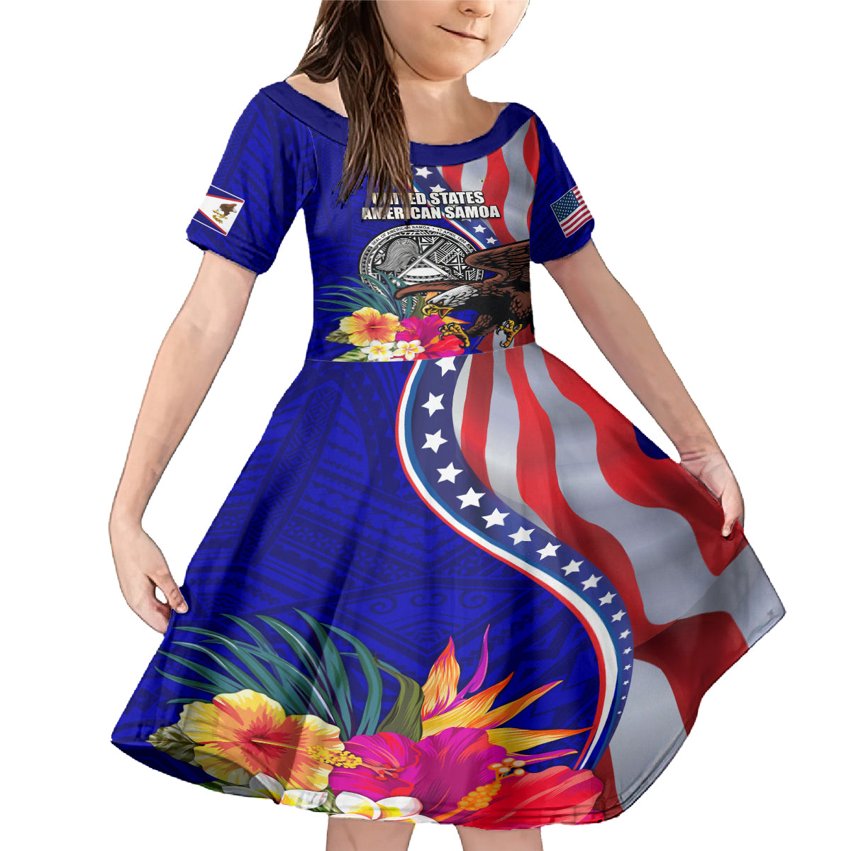 Personalised American Samoa and United States Family Matching Mermaid Dress and Hawaiian Shirt Bald Eagle and Seal Hibiscus Polynesian Pattern LT03 Daughter's Dress Blue - Polynesian Pride