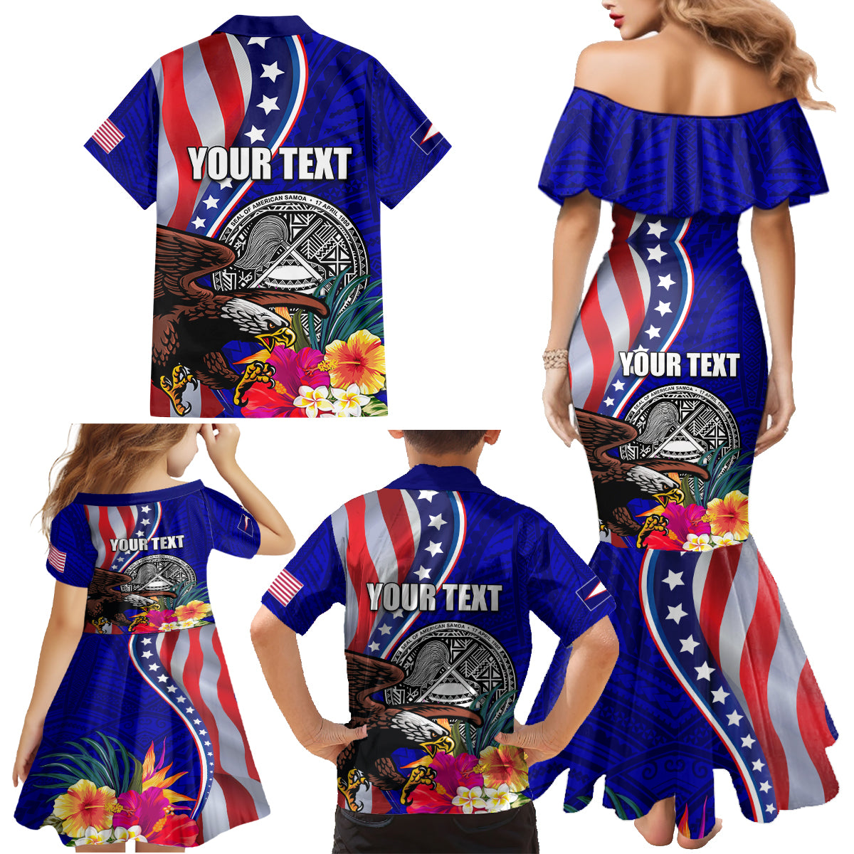 Personalised American Samoa and United States Family Matching Mermaid Dress and Hawaiian Shirt Bald Eagle and Seal Hibiscus Polynesian Pattern LT03 - Polynesian Pride