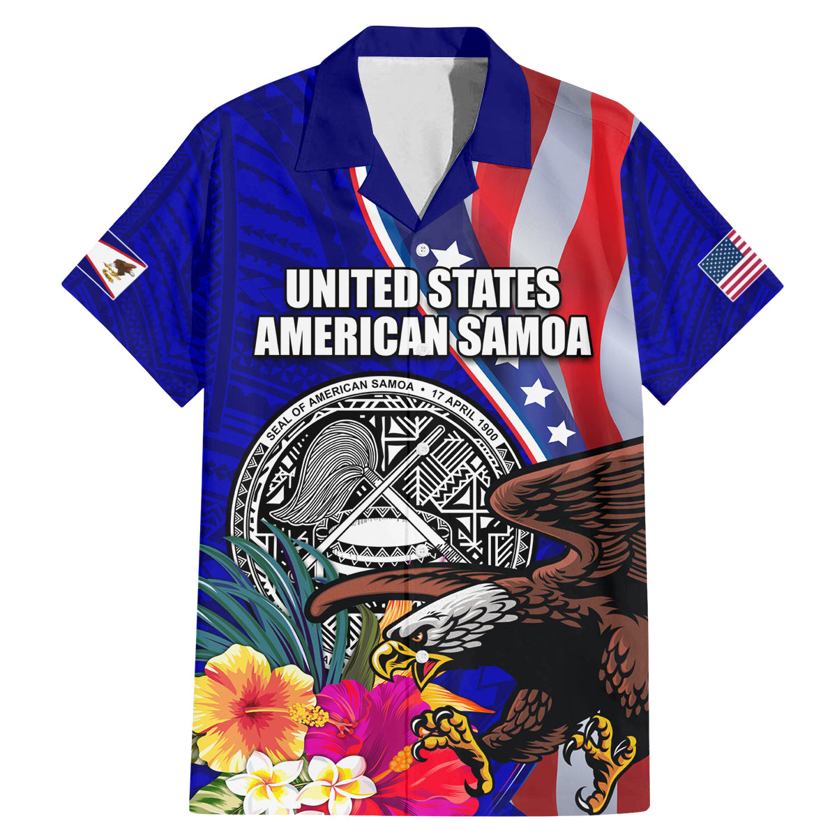 Personalised American Samoa and United States Family Matching Mermaid Dress and Hawaiian Shirt Bald Eagle and Seal Hibiscus Polynesian Pattern LT03 Dad's Shirt - Short Sleeve Blue - Polynesian Pride