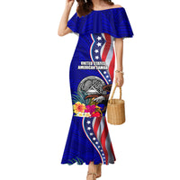Personalised American Samoa and United States Family Matching Mermaid Dress and Hawaiian Shirt Bald Eagle and Seal Hibiscus Polynesian Pattern LT03 Mom's Dress Blue - Polynesian Pride
