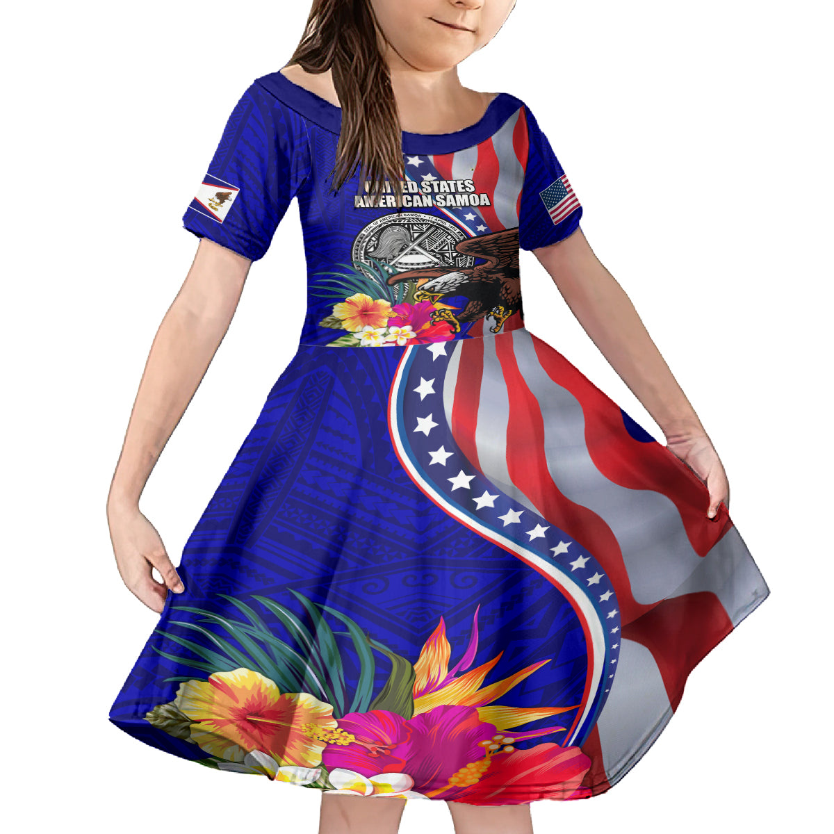 Personalised American Samoa and United States Family Matching Off The Shoulder Long Sleeve Dress and Hawaiian Shirt Bald Eagle and Seal Hibiscus Polynesian Pattern LT03 Daughter's Dress Blue - Polynesian Pride