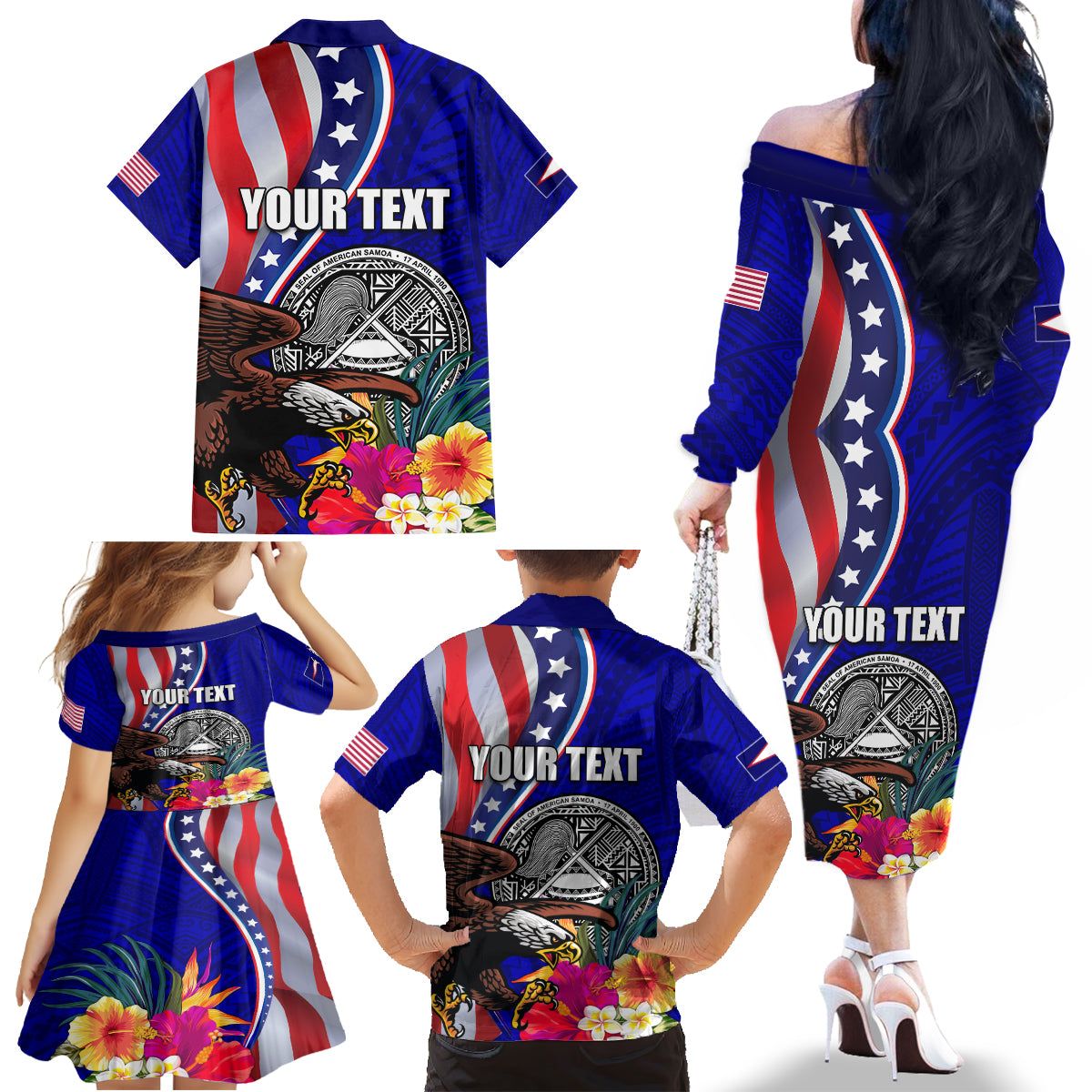 Personalised American Samoa and United States Family Matching Off The Shoulder Long Sleeve Dress and Hawaiian Shirt Bald Eagle and Seal Hibiscus Polynesian Pattern LT03 - Polynesian Pride
