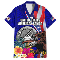 Personalised American Samoa and United States Family Matching Off The Shoulder Long Sleeve Dress and Hawaiian Shirt Bald Eagle and Seal Hibiscus Polynesian Pattern LT03 Dad's Shirt - Short Sleeve Blue - Polynesian Pride
