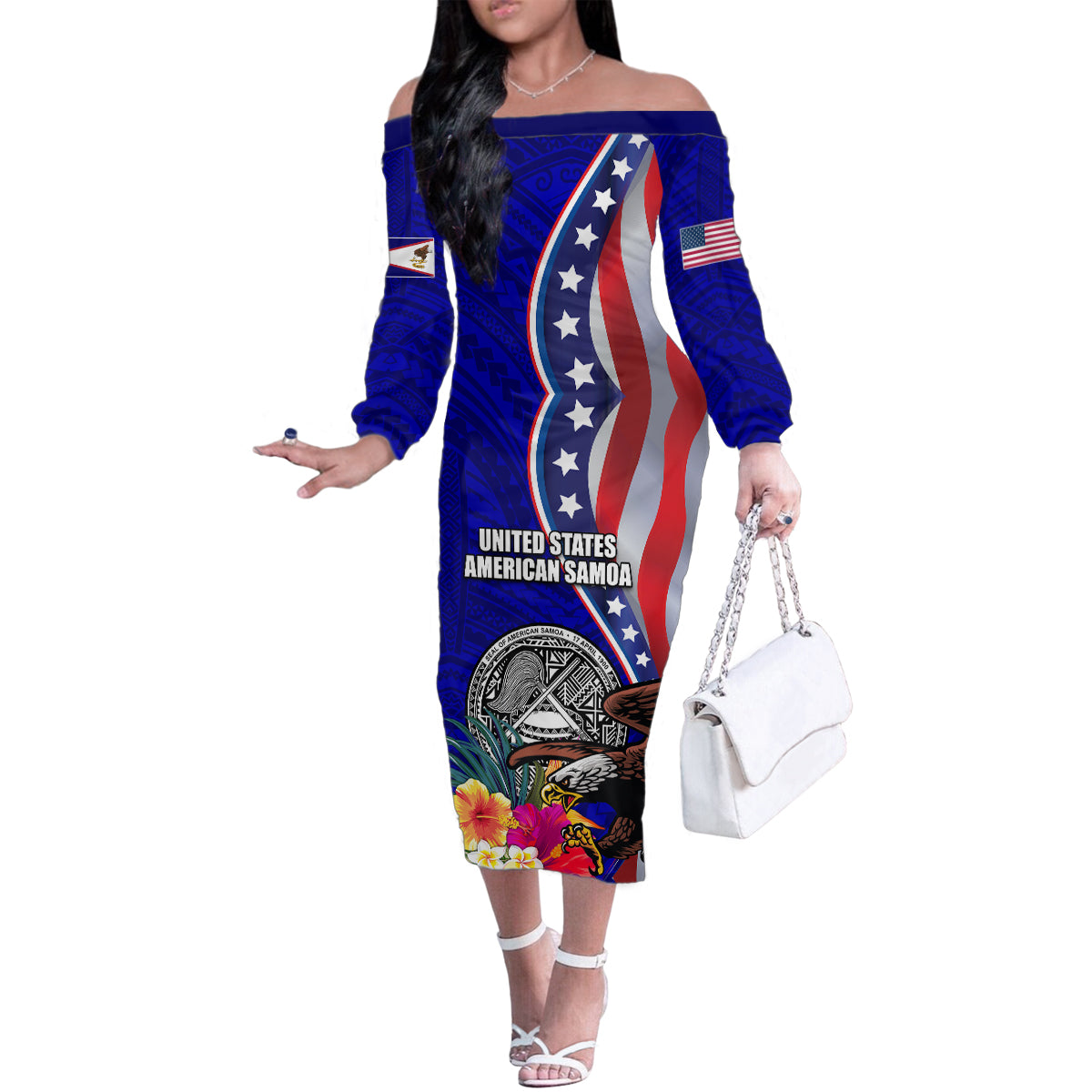 Personalised American Samoa and United States Family Matching Off The Shoulder Long Sleeve Dress and Hawaiian Shirt Bald Eagle and Seal Hibiscus Polynesian Pattern LT03 Mom's Dress Blue - Polynesian Pride
