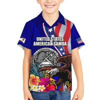 Personalised American Samoa and United States Family Matching Off The Shoulder Long Sleeve Dress and Hawaiian Shirt Bald Eagle and Seal Hibiscus Polynesian Pattern LT03 Son's Shirt Blue - Polynesian Pride