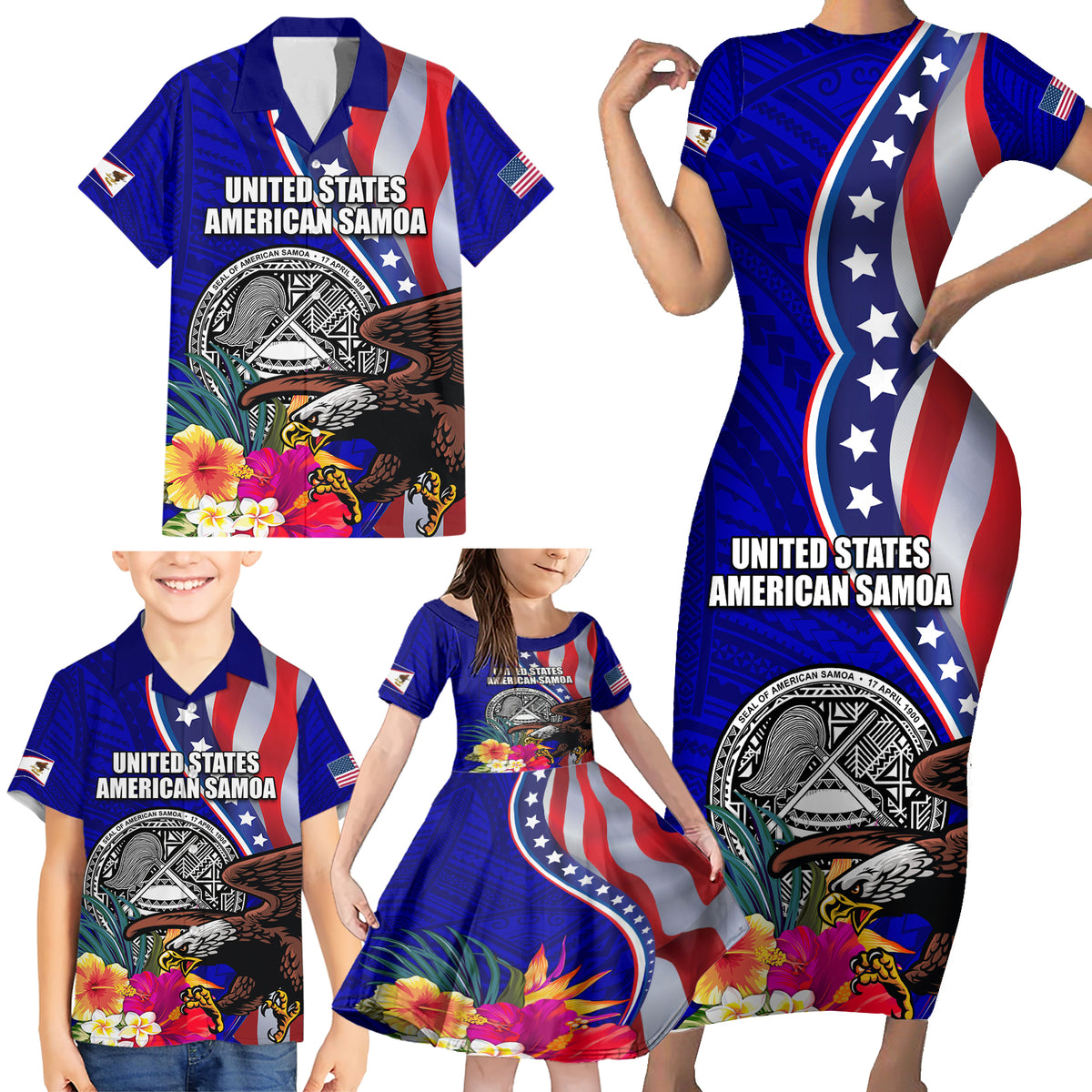 Personalised American Samoa and United States Family Matching Short Sleeve Bodycon Dress and Hawaiian Shirt Bald Eagle and Seal Hibiscus Polynesian Pattern LT03 - Polynesian Pride