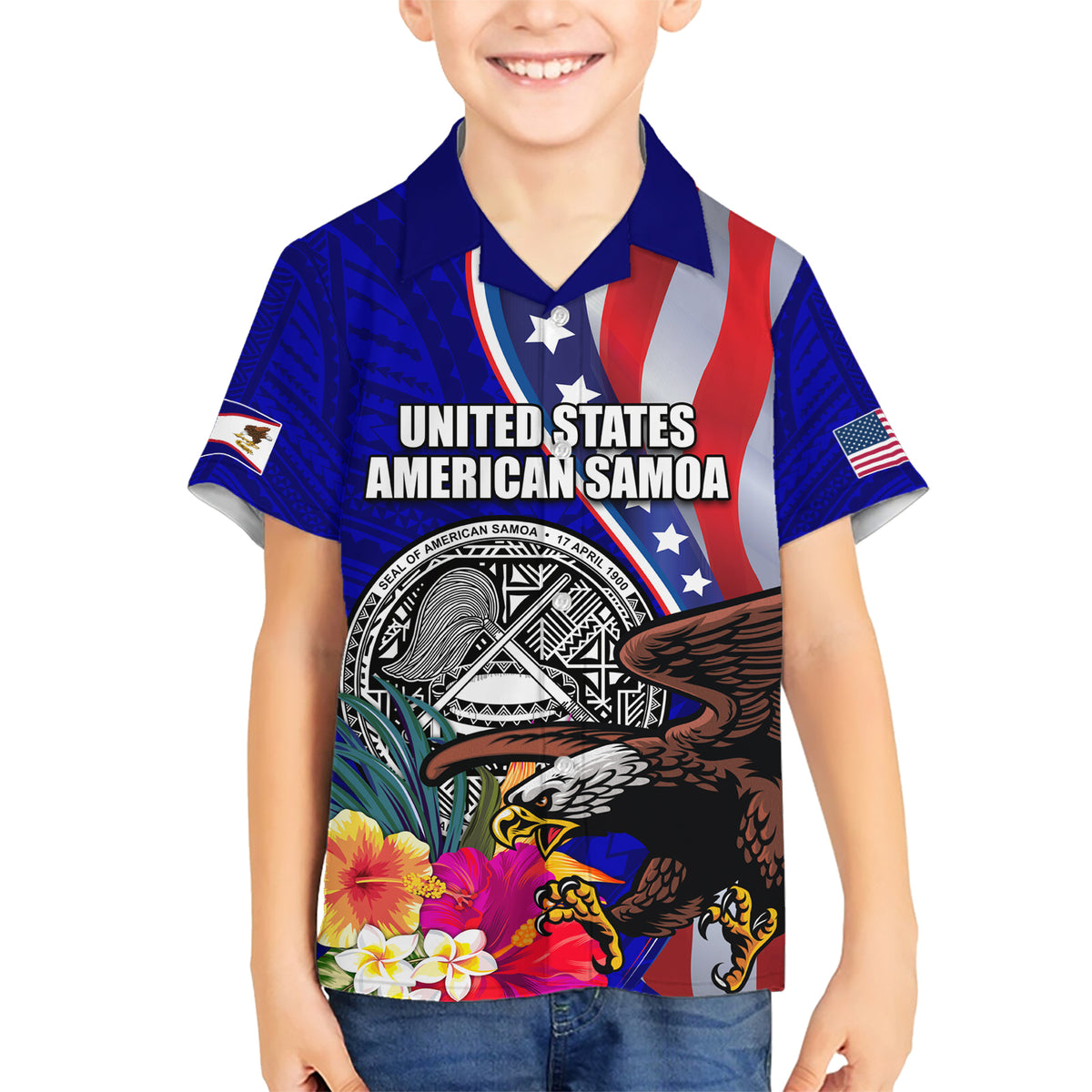 Personalised American Samoa and United States Family Matching Short Sleeve Bodycon Dress and Hawaiian Shirt Bald Eagle and Seal Hibiscus Polynesian Pattern LT03 Son's Shirt Blue - Polynesian Pride