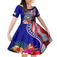 Personalised American Samoa and United States Family Matching Tank Maxi Dress and Hawaiian Shirt Bald Eagle and Seal Hibiscus Polynesian Pattern LT03 Daughter's Dress Blue - Polynesian Pride