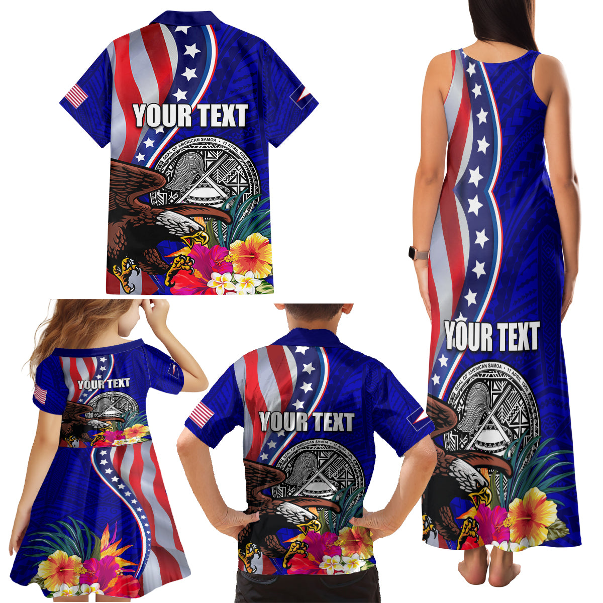 Personalised American Samoa and United States Family Matching Tank Maxi Dress and Hawaiian Shirt Bald Eagle and Seal Hibiscus Polynesian Pattern LT03 - Polynesian Pride