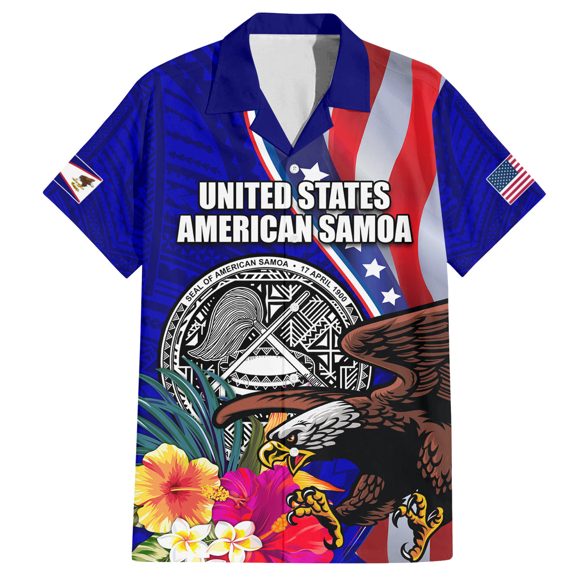 Personalised American Samoa and United States Family Matching Tank Maxi Dress and Hawaiian Shirt Bald Eagle and Seal Hibiscus Polynesian Pattern LT03 Dad's Shirt - Short Sleeve Blue - Polynesian Pride
