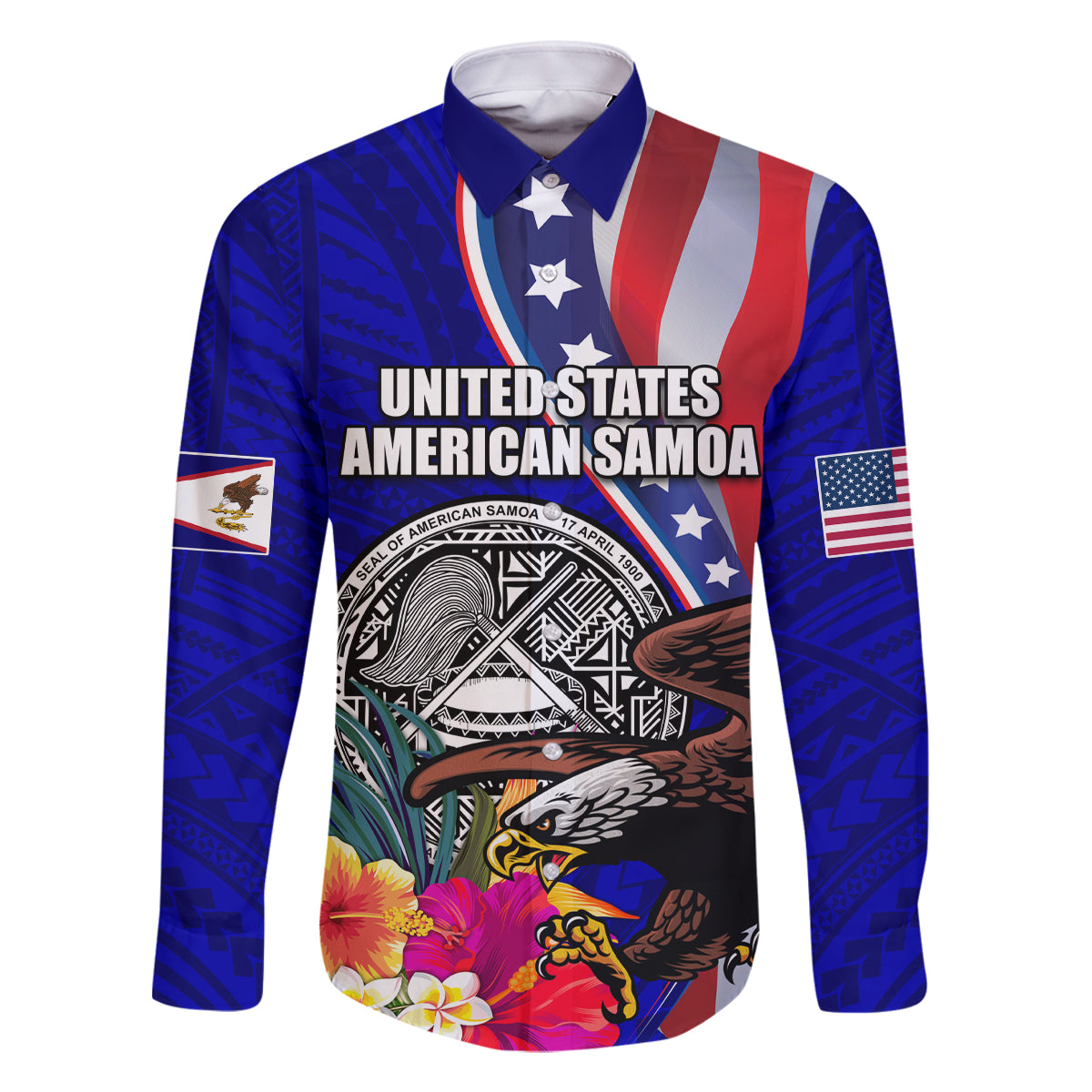 Personalised American Samoa and United States Family Matching Tank Maxi Dress and Hawaiian Shirt Bald Eagle and Seal Hibiscus Polynesian Pattern LT03 Dad's Shirt - Long Sleeve Blue - Polynesian Pride
