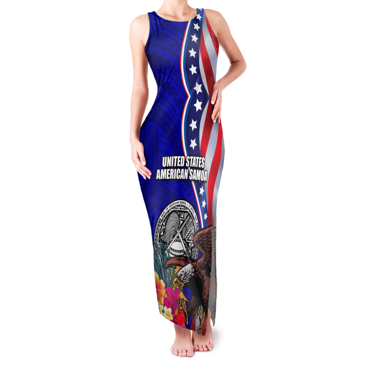 Personalised American Samoa and United States Family Matching Tank Maxi Dress and Hawaiian Shirt Bald Eagle and Seal Hibiscus Polynesian Pattern LT03 Mom's Dress Blue - Polynesian Pride