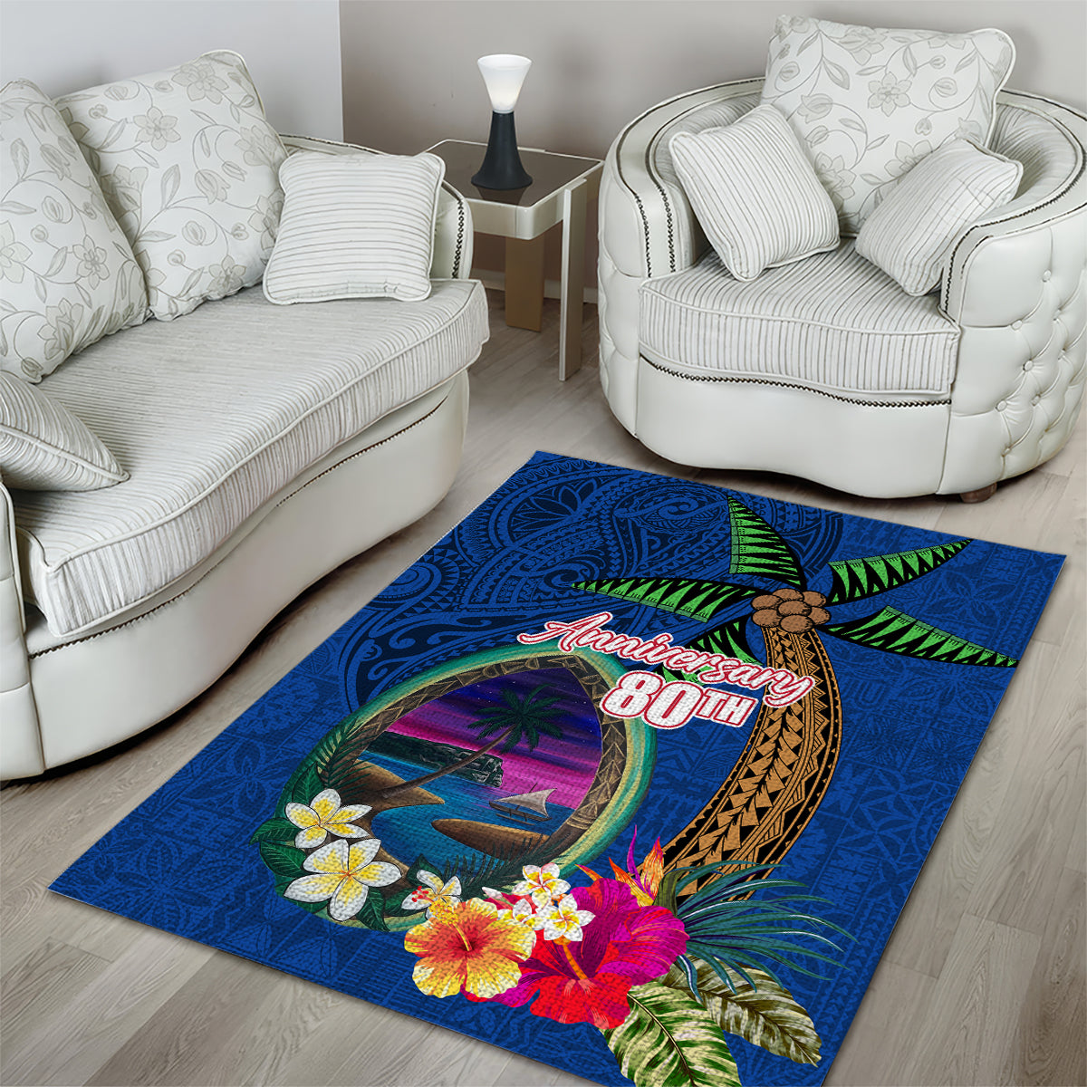 Guam Liberation Day 80th Anniversary Area Rug Palm Tree and Seal Artwork Hibiscus Polynesian Pattern