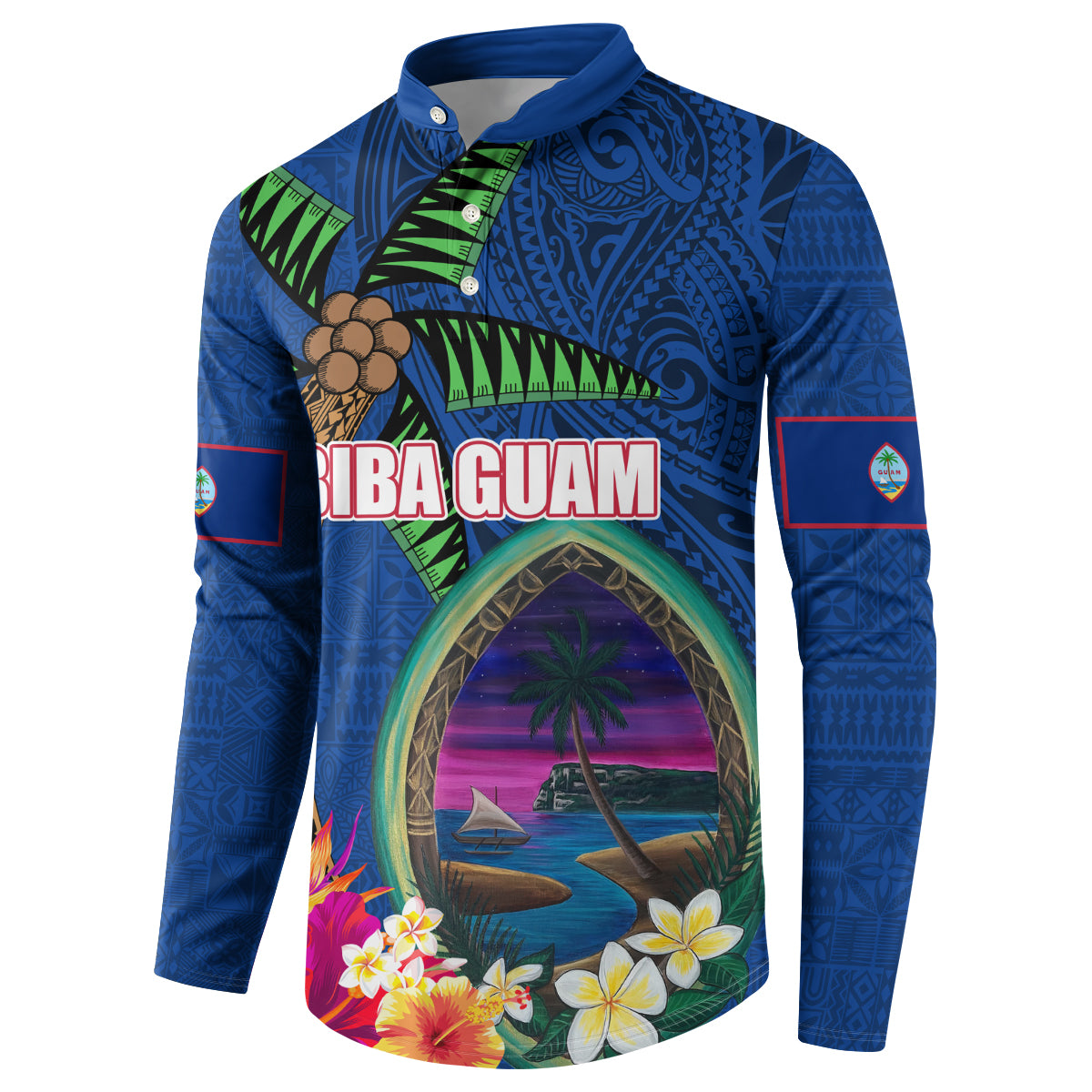 Guam Liberation Day 80th Anniversary Button Sweatshirt Palm Tree and Seal Artwork Hibiscus Polynesian Pattern