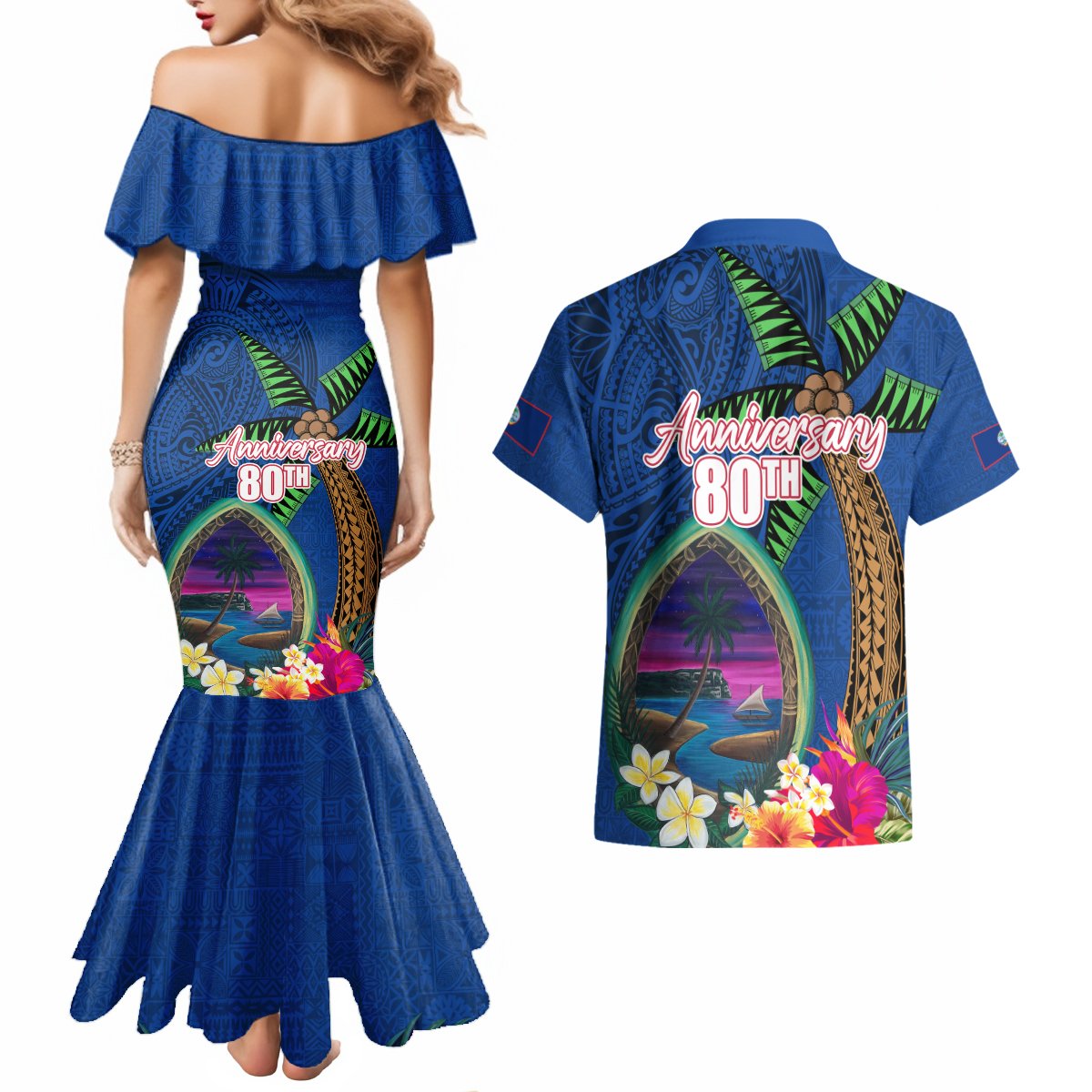 Guam Liberation Day 80th Anniversary Couples Matching Mermaid Dress and Hawaiian Shirt Palm Tree and Seal Artwork Hibiscus Polynesian Pattern