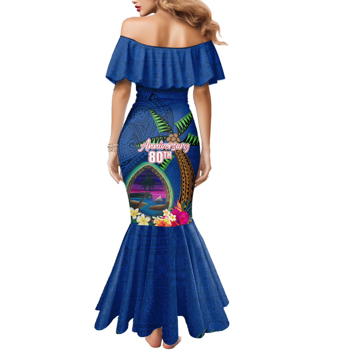 Guam Liberation Day 80th Anniversary Family Matching Mermaid Dress and Hawaiian Shirt Palm Tree and Seal Artwork Hibiscus Polynesian Pattern