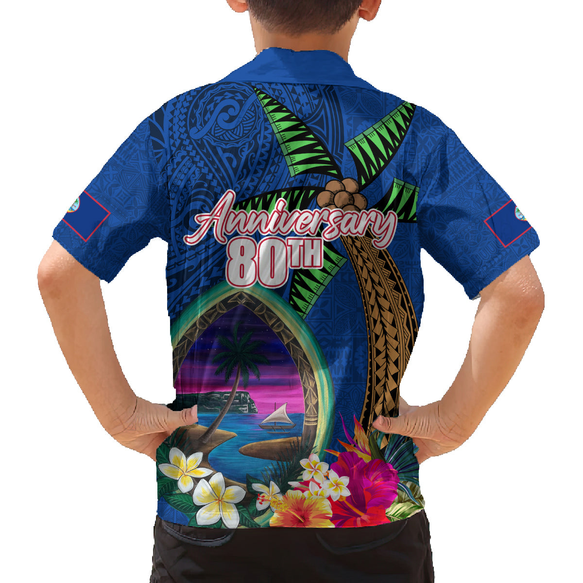 Guam Liberation Day 80th Anniversary Family Matching Off The Shoulder Long Sleeve Dress and Hawaiian Shirt Palm Tree and Seal Artwork Hibiscus Polynesian Pattern LT03 - Polynesian Pride
