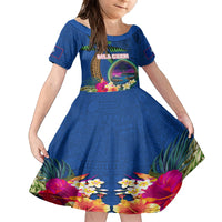 Guam Liberation Day 80th Anniversary Family Matching Off The Shoulder Long Sleeve Dress and Hawaiian Shirt Palm Tree and Seal Artwork Hibiscus Polynesian Pattern LT03 Daughter's Dress Blue - Polynesian Pride