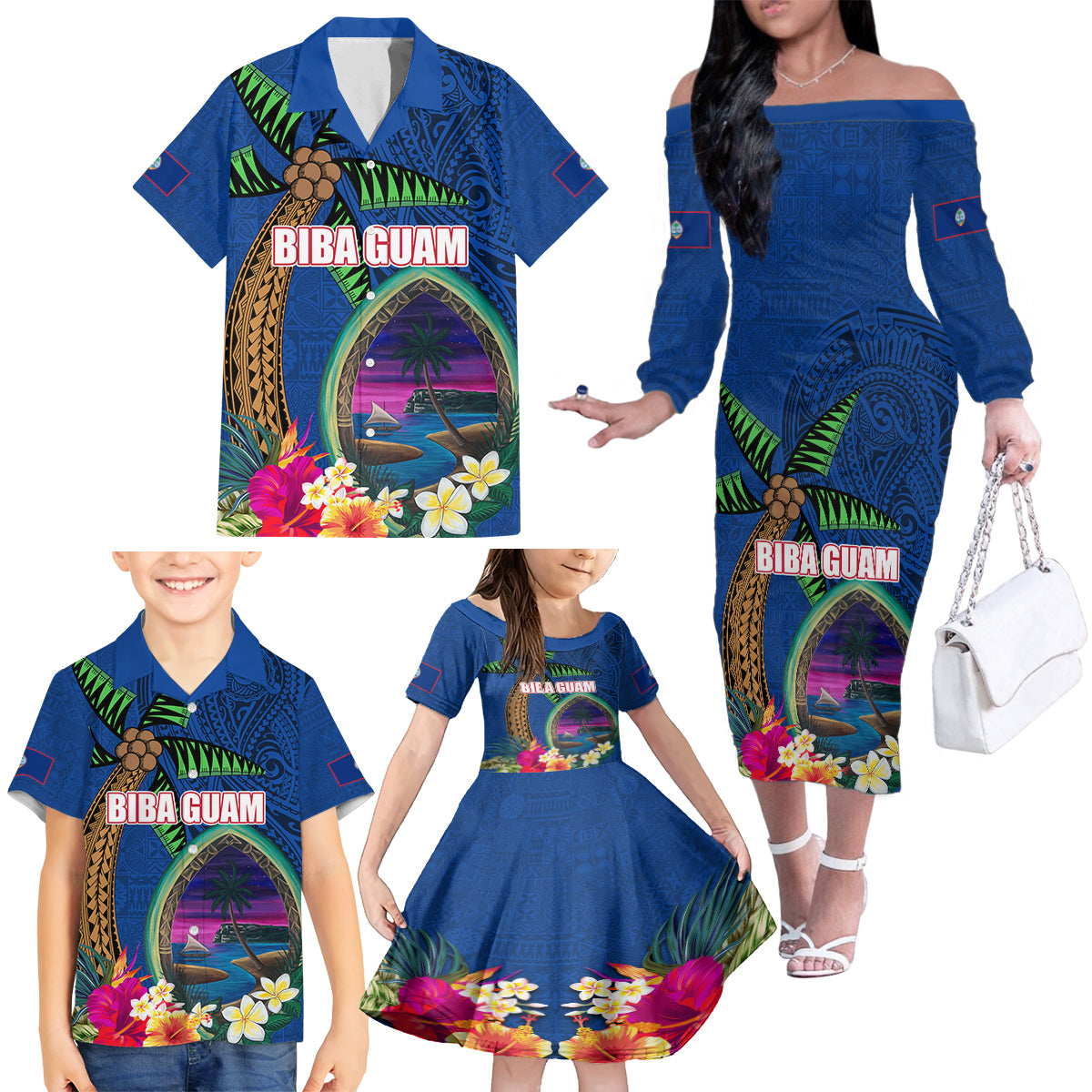 Guam Liberation Day 80th Anniversary Family Matching Off The Shoulder Long Sleeve Dress and Hawaiian Shirt Palm Tree and Seal Artwork Hibiscus Polynesian Pattern LT03 - Polynesian Pride