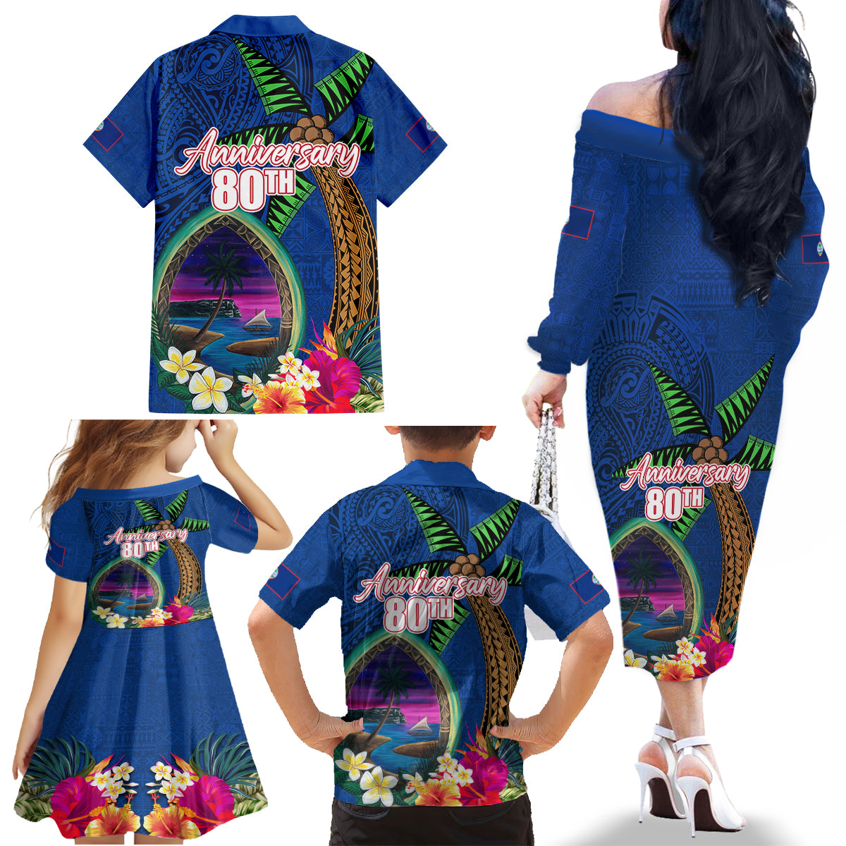 Guam Liberation Day 80th Anniversary Family Matching Off The Shoulder Long Sleeve Dress and Hawaiian Shirt Palm Tree and Seal Artwork Hibiscus Polynesian Pattern LT03 - Polynesian Pride