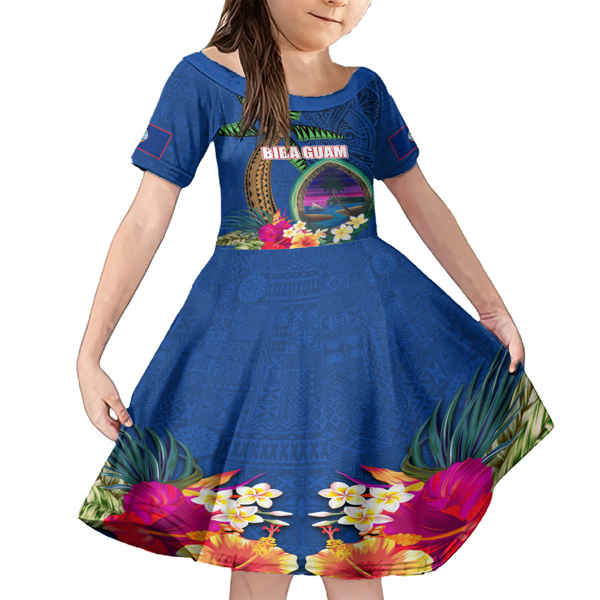 Guam Liberation Day 80th Anniversary Family Matching Off Shoulder Short Dress and Hawaiian Shirt Palm Tree and Seal Artwork Hibiscus Polynesian Pattern