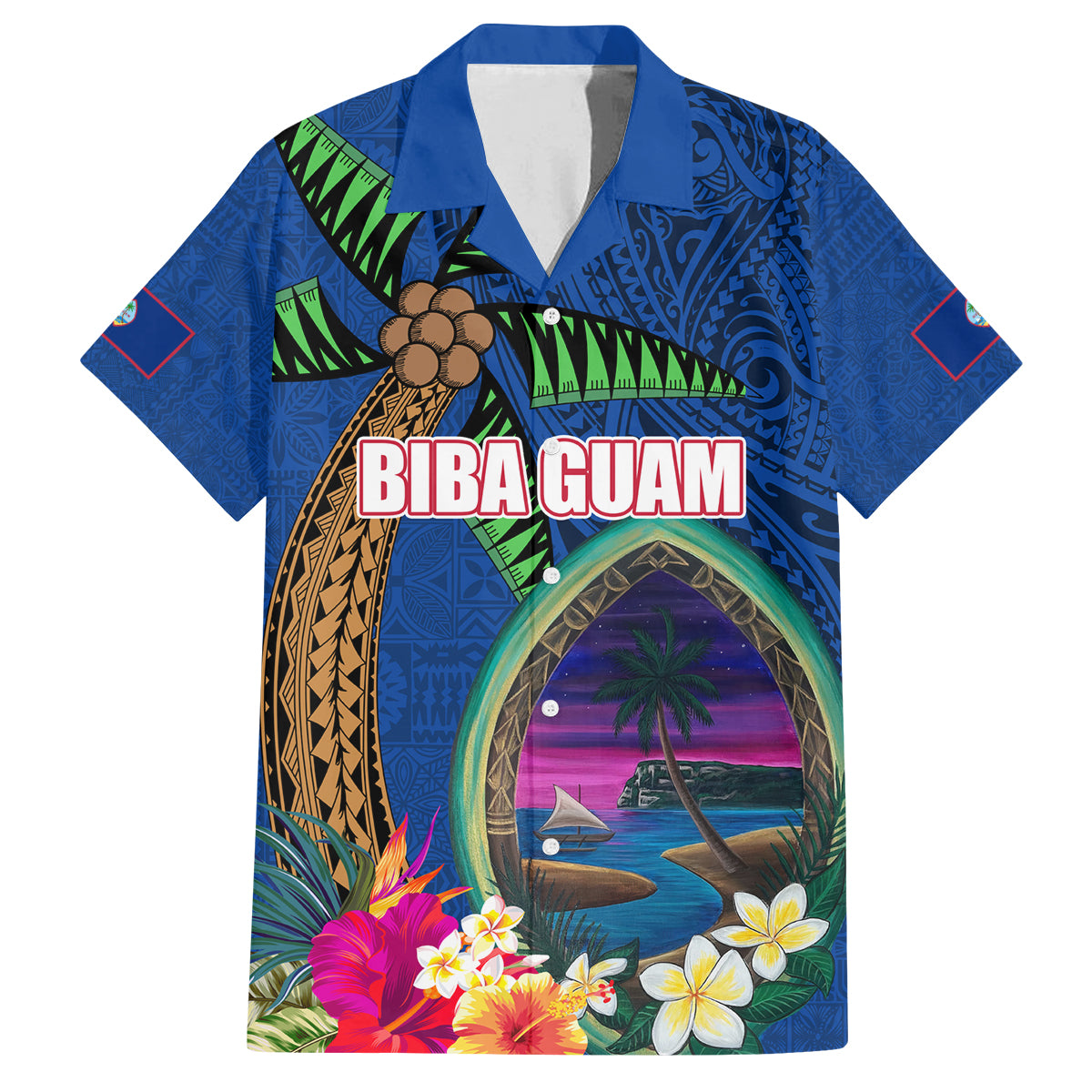 Guam Liberation Day 80th Anniversary Family Matching Off Shoulder Short Dress and Hawaiian Shirt Palm Tree and Seal Artwork Hibiscus Polynesian Pattern