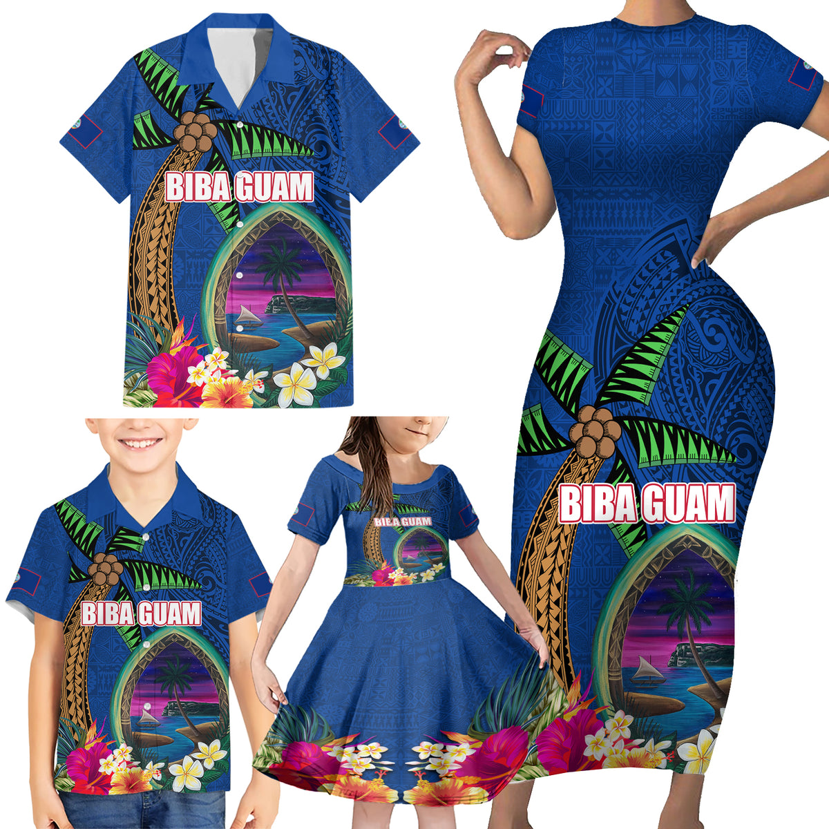 Guam Liberation Day 80th Anniversary Family Matching Short Sleeve Bodycon Dress and Hawaiian Shirt Palm Tree and Seal Artwork Hibiscus Polynesian Pattern LT03 - Polynesian Pride
