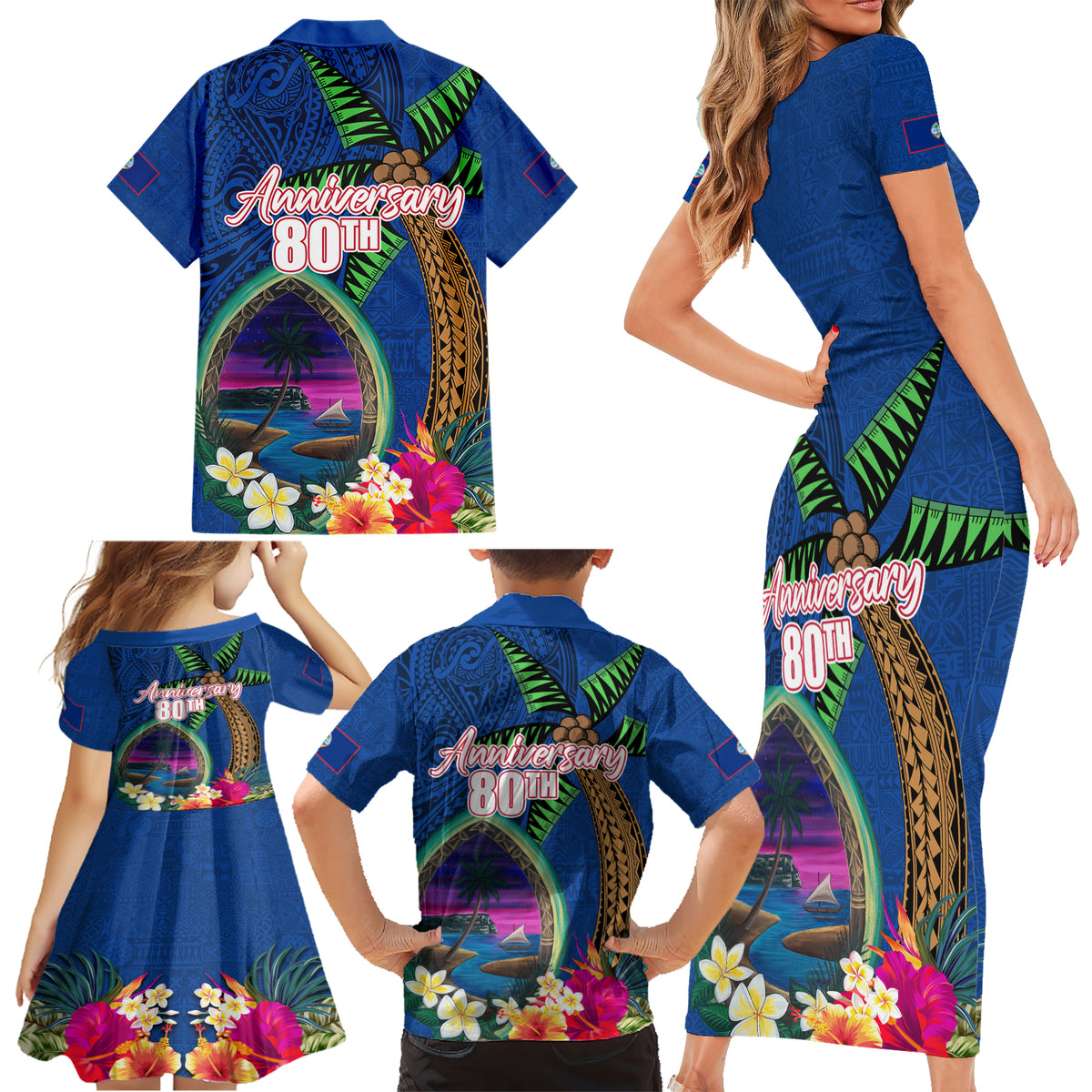 Guam Liberation Day 80th Anniversary Family Matching Short Sleeve Bodycon Dress and Hawaiian Shirt Palm Tree and Seal Artwork Hibiscus Polynesian Pattern LT03 - Polynesian Pride