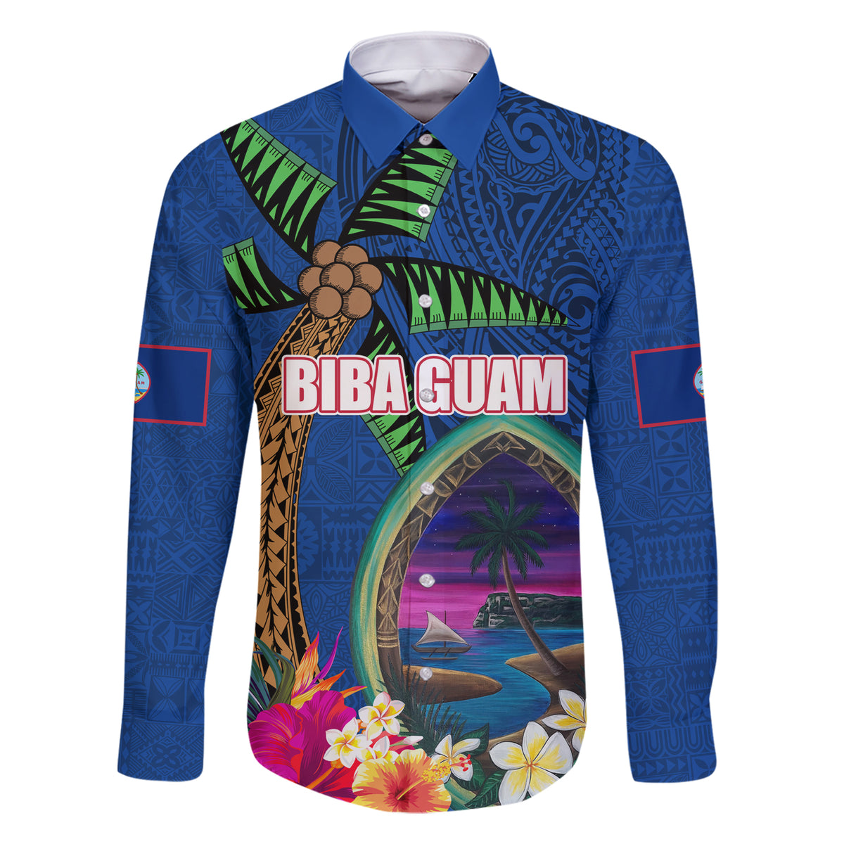 Guam Liberation Day 80th Anniversary Family Matching Short Sleeve Bodycon Dress and Hawaiian Shirt Palm Tree and Seal Artwork Hibiscus Polynesian Pattern LT03 Dad's Shirt - Long Sleeve Blue - Polynesian Pride