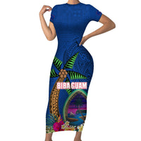 Guam Liberation Day 80th Anniversary Family Matching Short Sleeve Bodycon Dress and Hawaiian Shirt Palm Tree and Seal Artwork Hibiscus Polynesian Pattern LT03 Mom's Dress Blue - Polynesian Pride