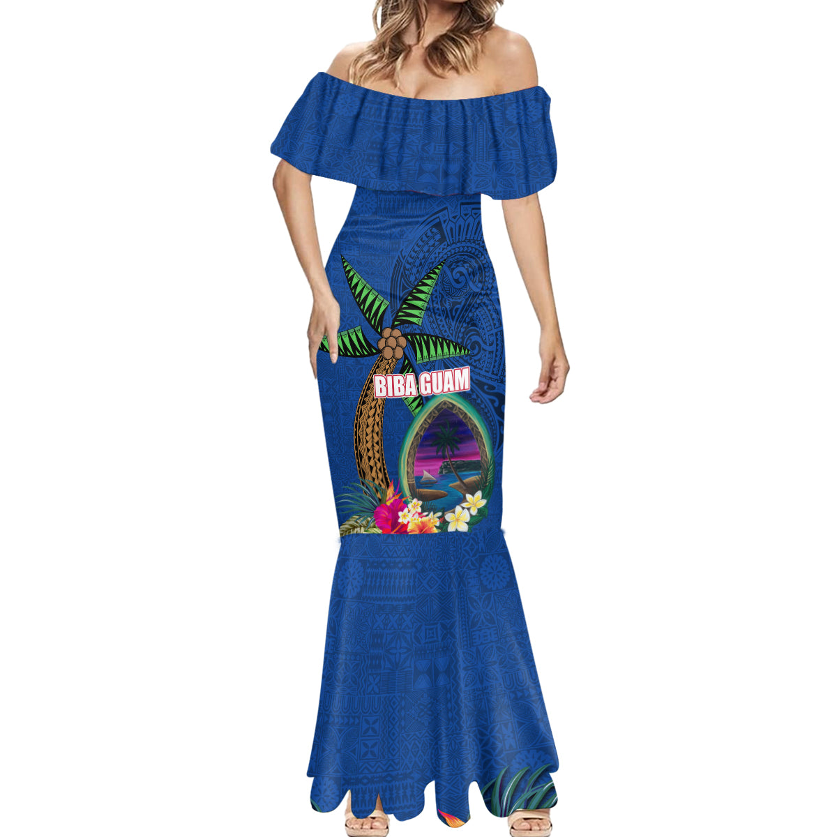 Guam Liberation Day 80th Anniversary Mermaid Dress Palm Tree and Seal Artwork Hibiscus Polynesian Pattern