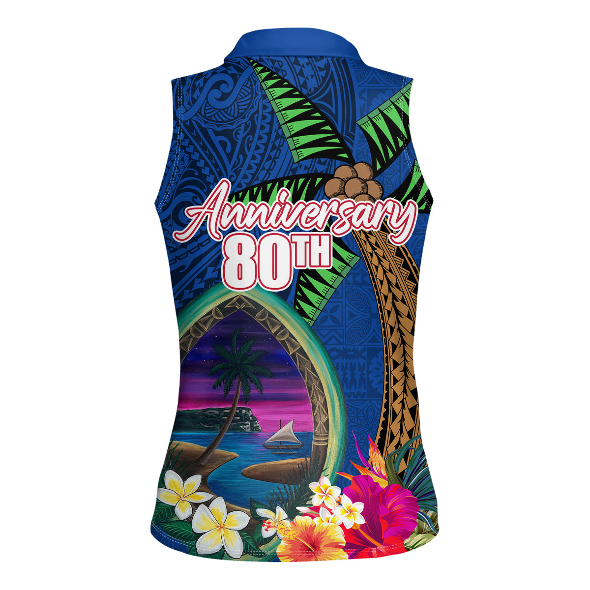 Guam Liberation Day 80th Anniversary Women Sleeveless Polo Shirt Palm Tree and Seal Artwork Hibiscus Polynesian Pattern
