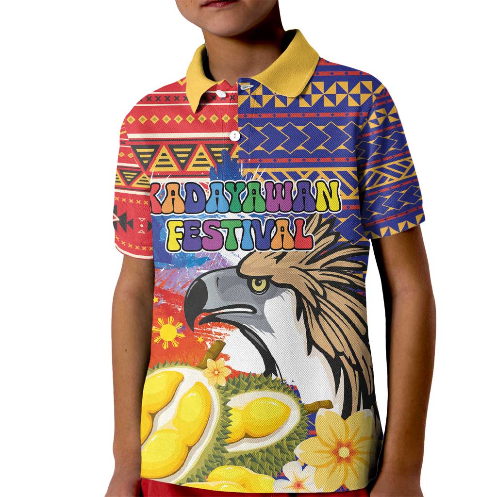 Philippines Kadayawan Kid Polo Shirt Filipino Eagle Durian with Polynesian and Igorots Pattern