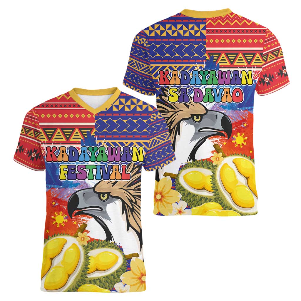 Philippines Kadayawan Women V-Neck T-Shirt Filipino Eagle Durian with Polynesian and Igorots Pattern